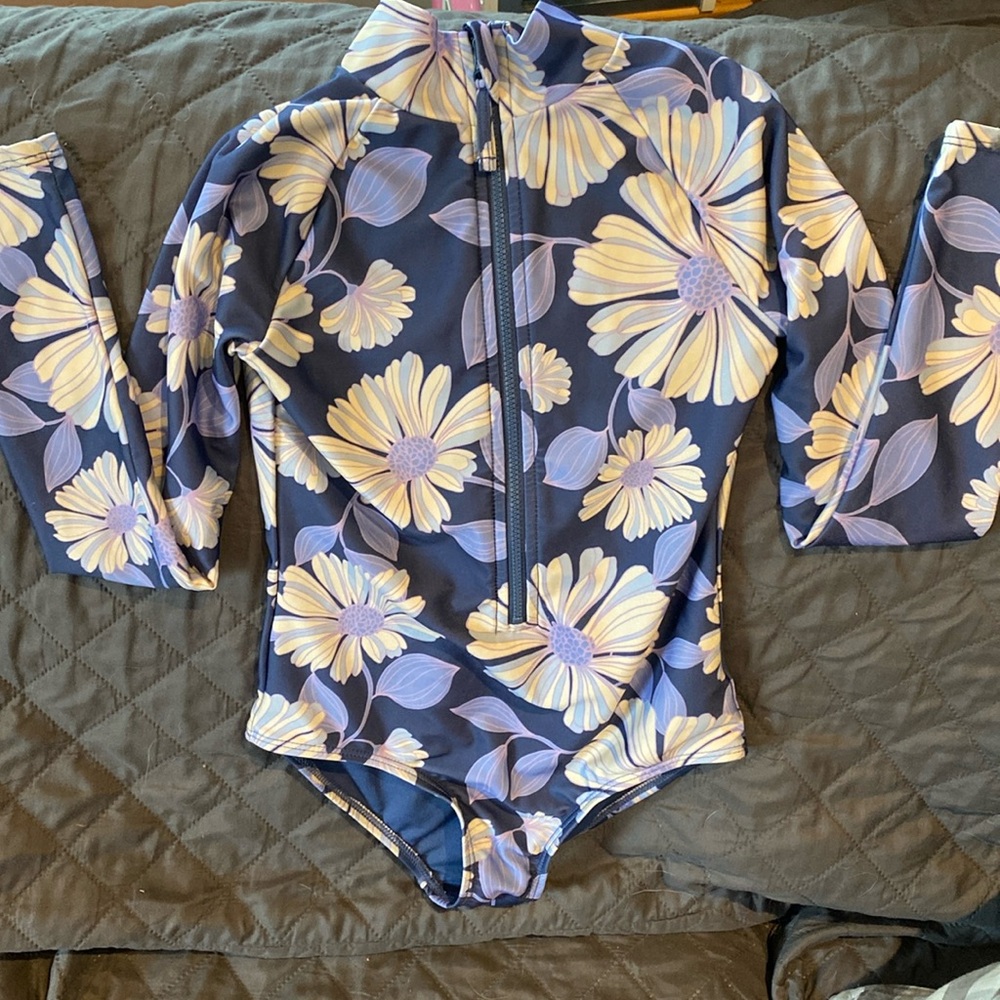 Gap Girls Flower blue  Long Sleeve One Piece Swim Suit Size M